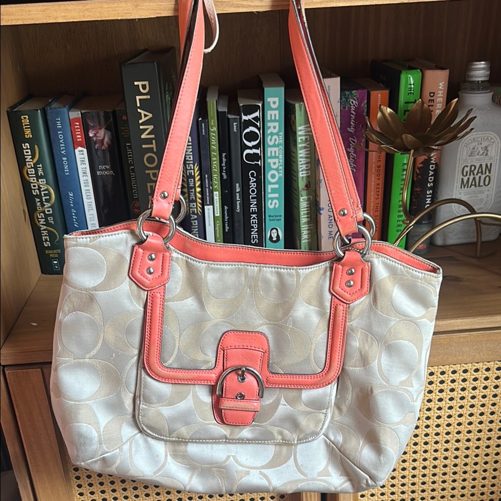 Coach Signature Jacquard Tote with Coral Trim
